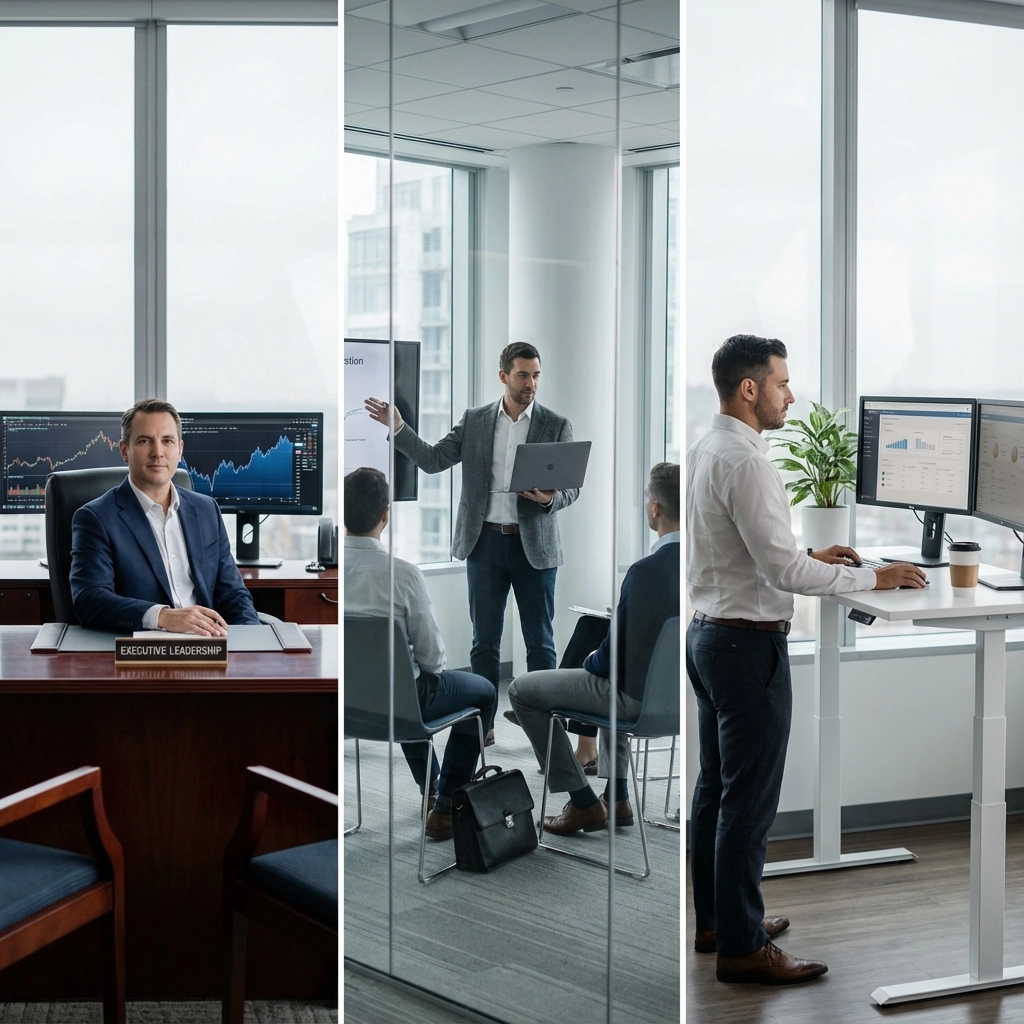 Business leaders analyzing financial data and growth strategy in an office setting.