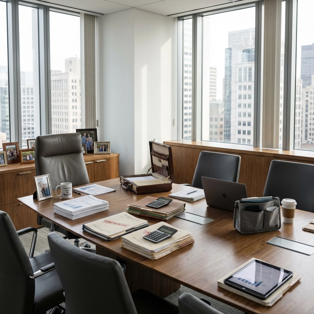 Executive office workspace with financial reports, laptop, and city skyline view.