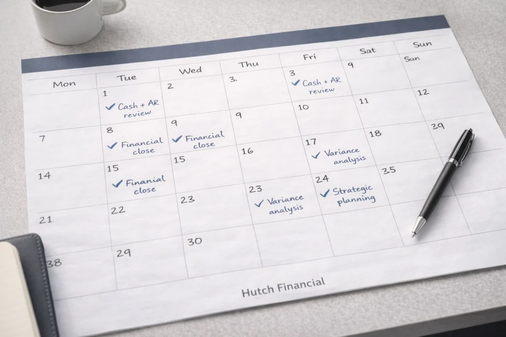 Calendar page with scheduled financial tasks including cash and accounts receivable review, financial close, variance analysis, and strategic planning, branded Hutch Financial.