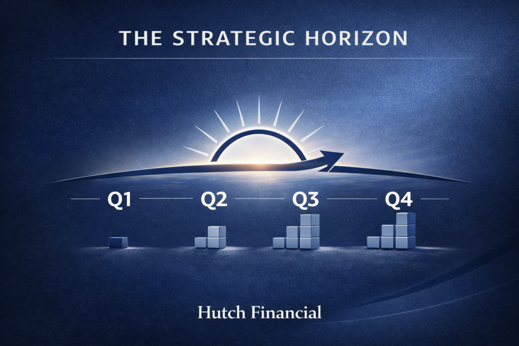 Graphic titled “The Strategic Horizon” showing a rising sun and upward arrow across Q1 through Q4, symbolizing long-term business growth and financial planning.