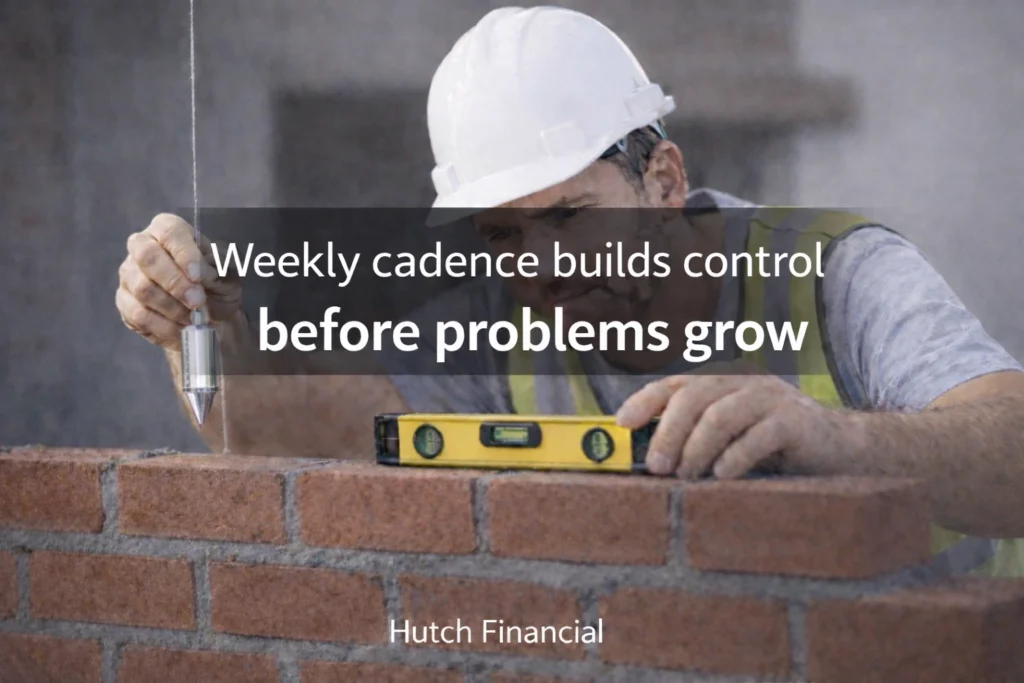 Construction worker using a level and plumb line to measure brickwork with the overlay text “Weekly cadence builds control before problems grow.”