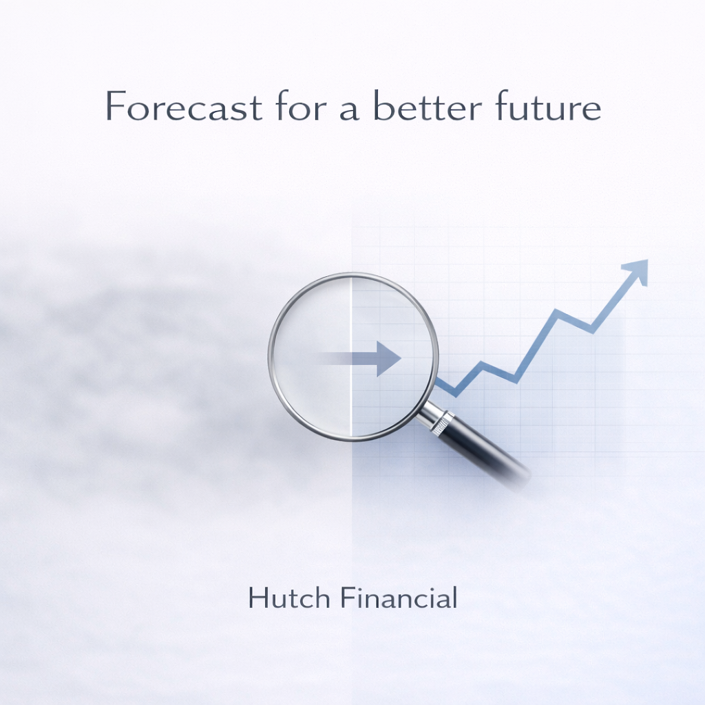 13-week cash flow forecasting concept with upward growth chart and magnifying glass illustrating improved financial visibility