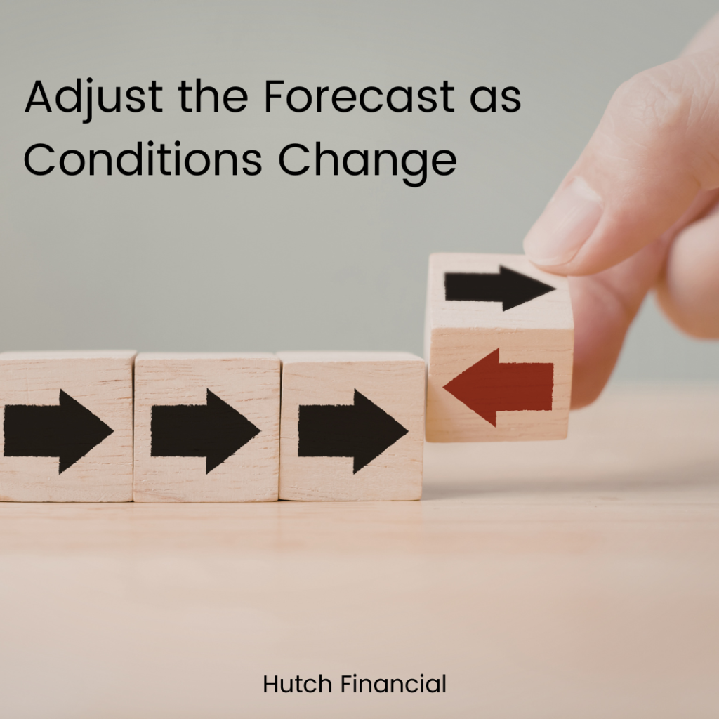 Hand adjusting a wooden block with an arrow pointing in the opposite direction of a row of arrows, representing adjusting financial forecasts and business plans as conditions change.