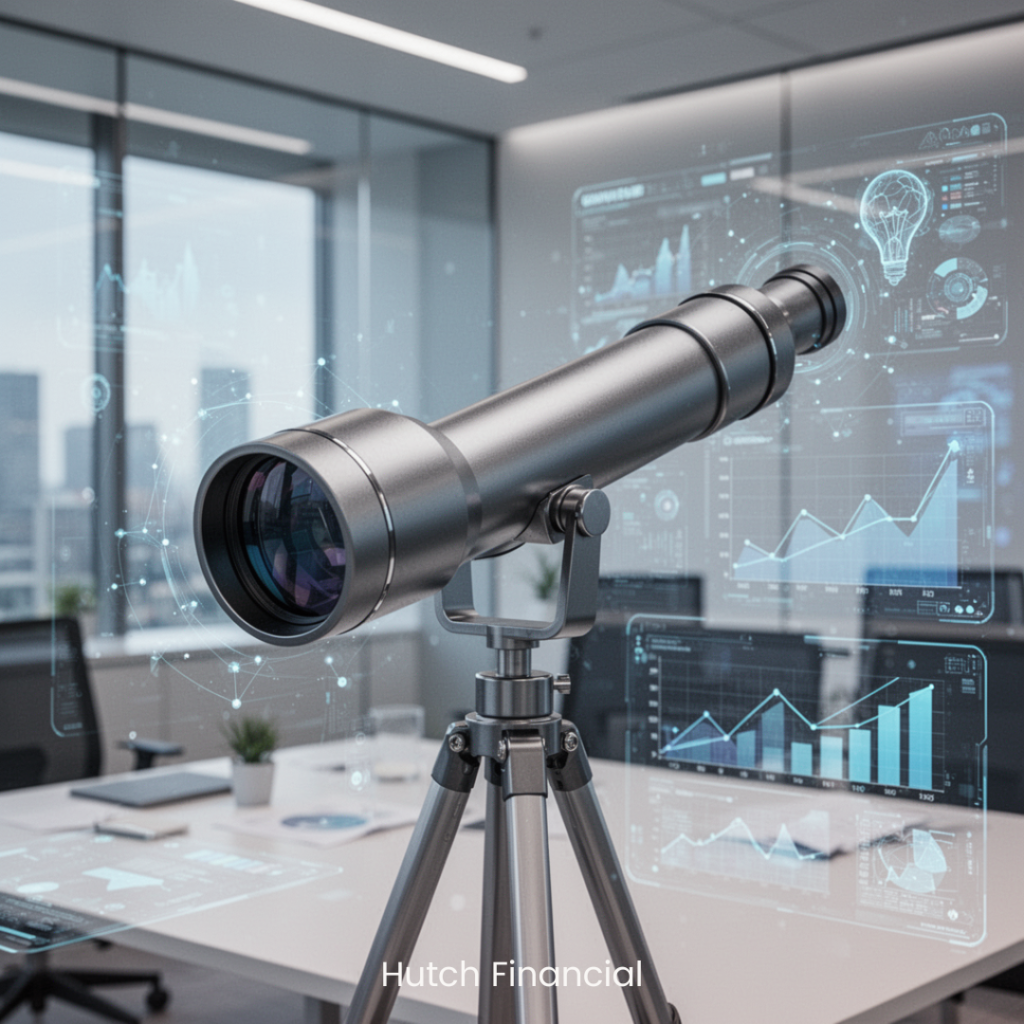 Telescope on a tripod in a modern office with financial charts and analytics displayed in the background, representing forward-looking financial strategy and data-driven business planning.
